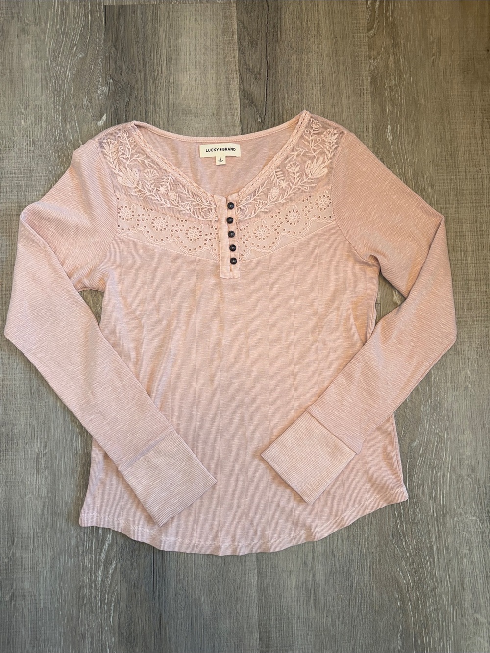 Lucky Brand Rose Pink Lace-Yoke Henley Long Sleeve Top